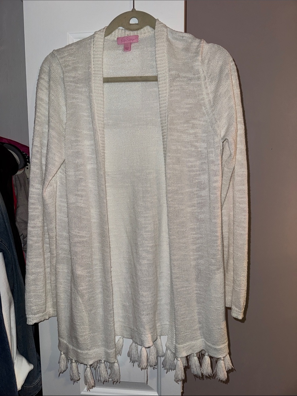 Lilly Pulitzer White Open-Front Tassel Hem Women's Cardigan